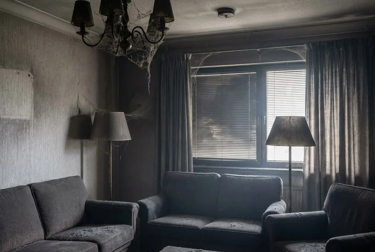 Before: Smoke-damaged living room