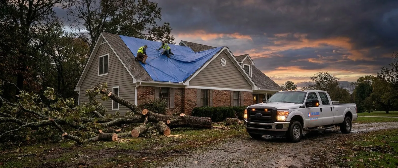Roofers securing a tarp over a storm-damaged roof at dusk