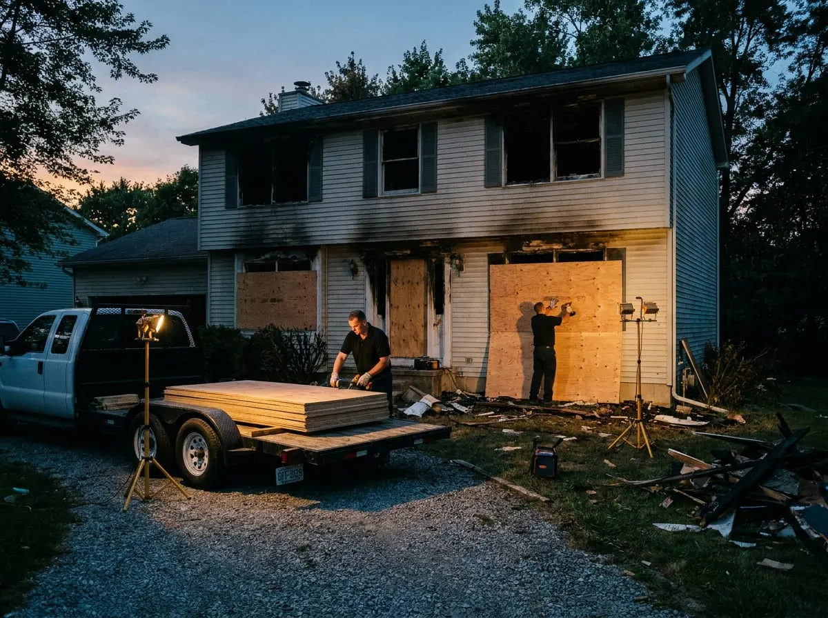 Crew installing plywood board-up over windows of a house at night