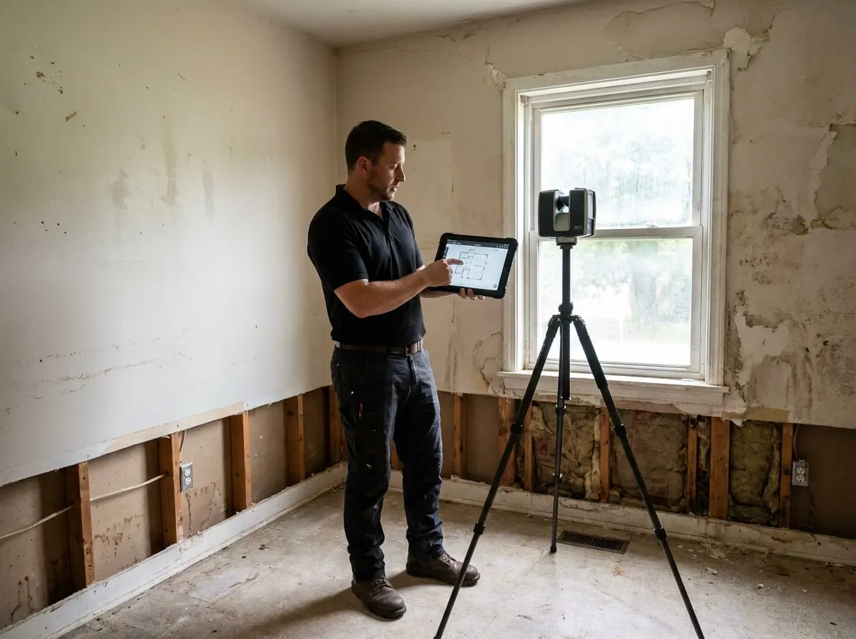 Estimator with a tablet and a 3D scanning camera on a tripod inside a damaged home