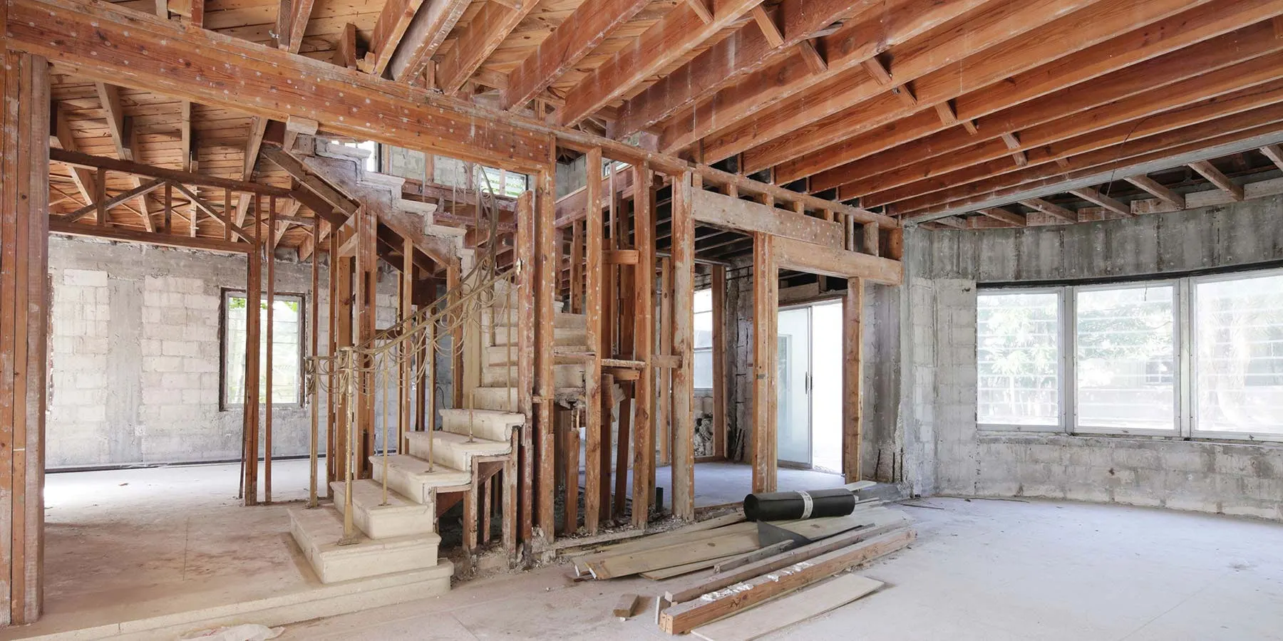 Interior of a house stripped to the framing during selective demolition