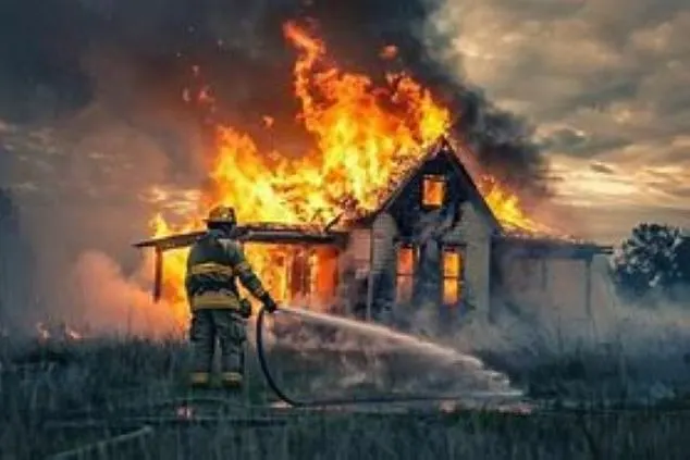 Firefighter spraying water on a burning house