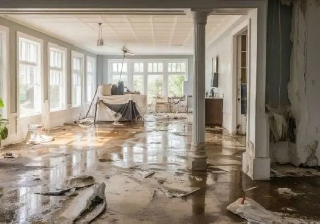 Flooded living room with standing water and damaged drywall