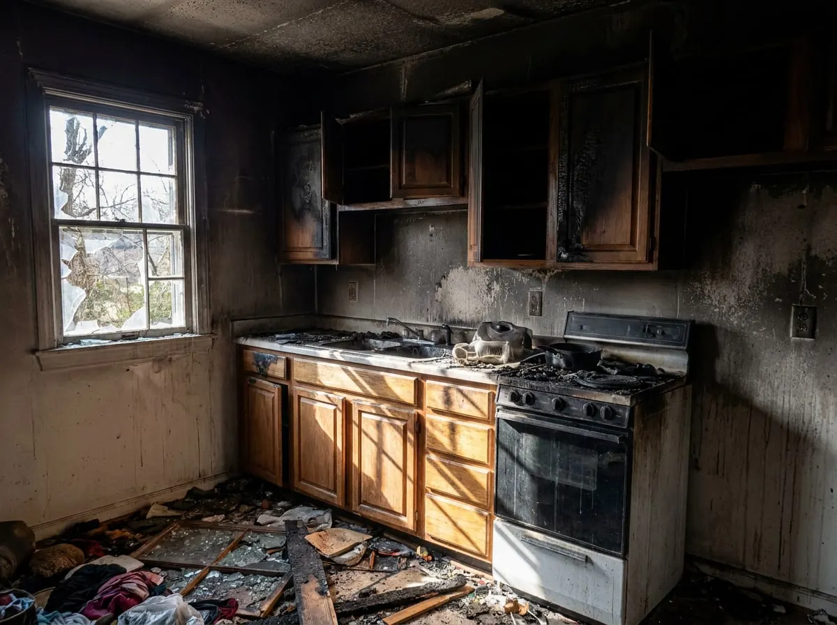 Fire-damaged kitchen with charred cabinets and soot-covered walls