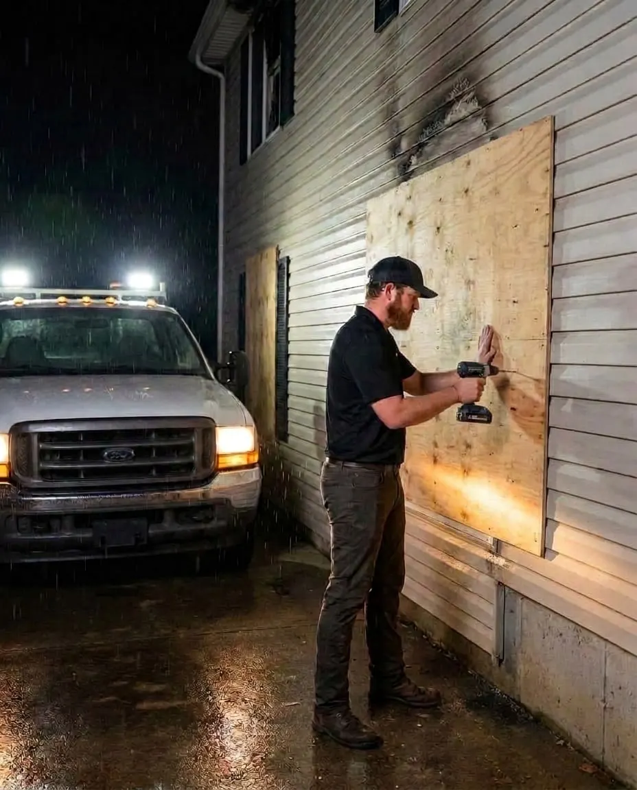 Joe LaRock Jr. boarding up the window of a fire-damaged house at night
