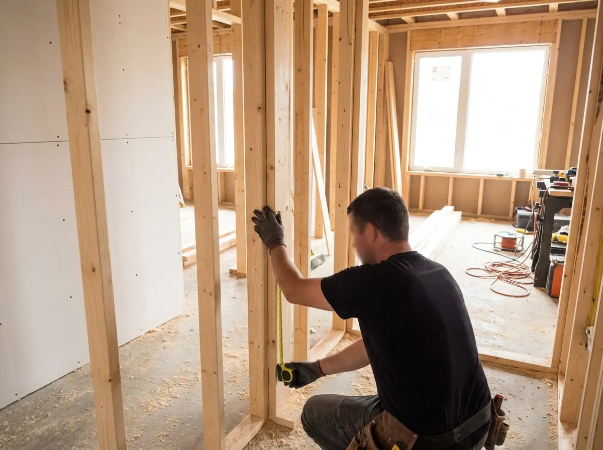 Carpenter measuring new framing during a home rebuild