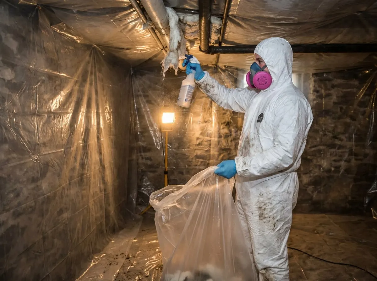 Environmental technician removing hazardous materials inside containment