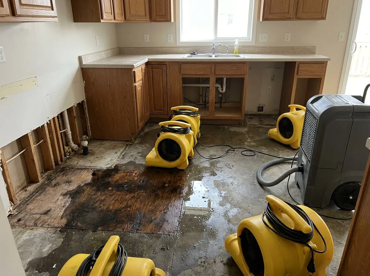 Kitchen after a burst pipe with cabinets removed and drying equipment running